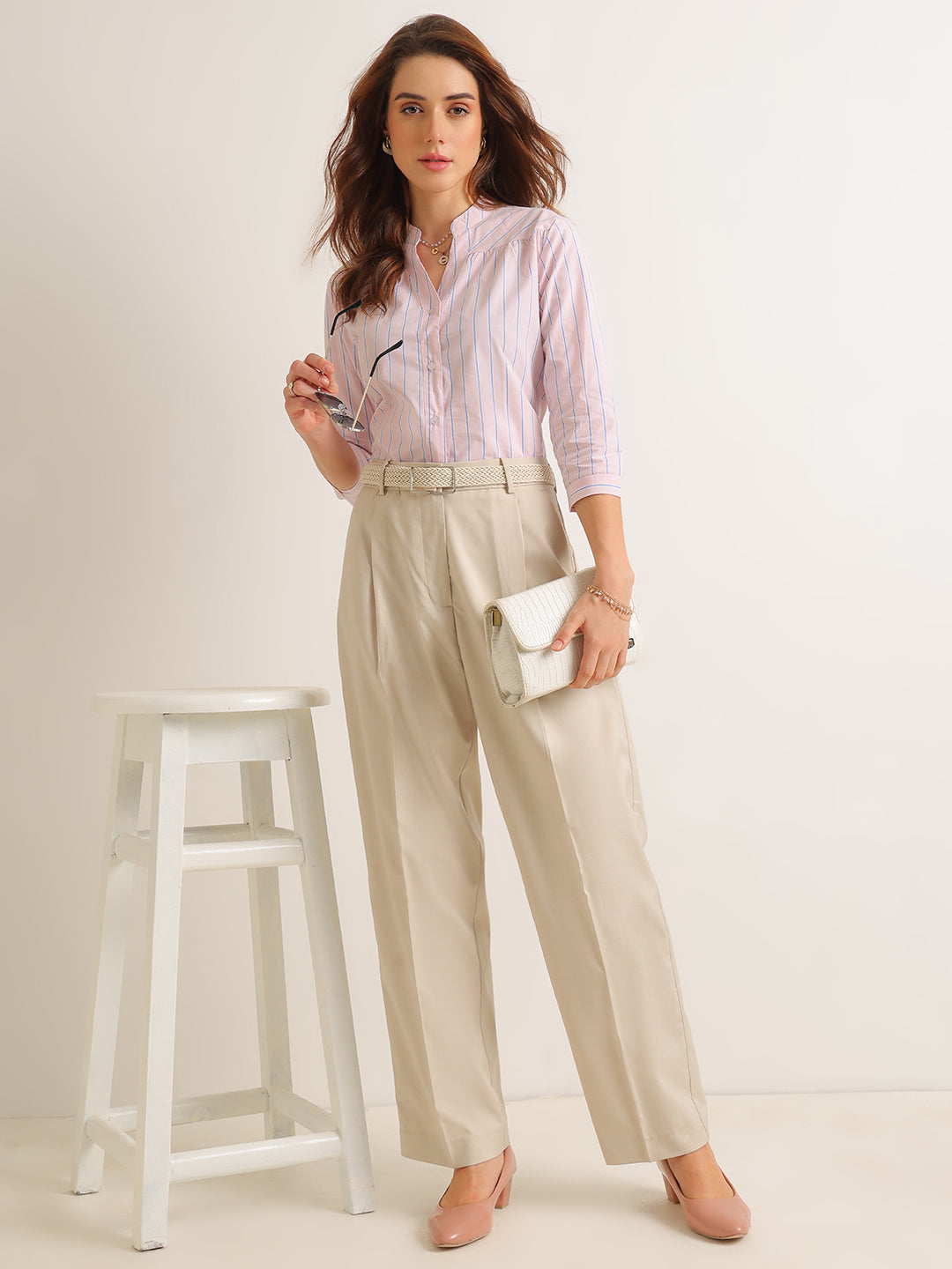 Hancock   Women   Pink   Stripes   Pure Cotton   Regular Fit   Formal   Shirt