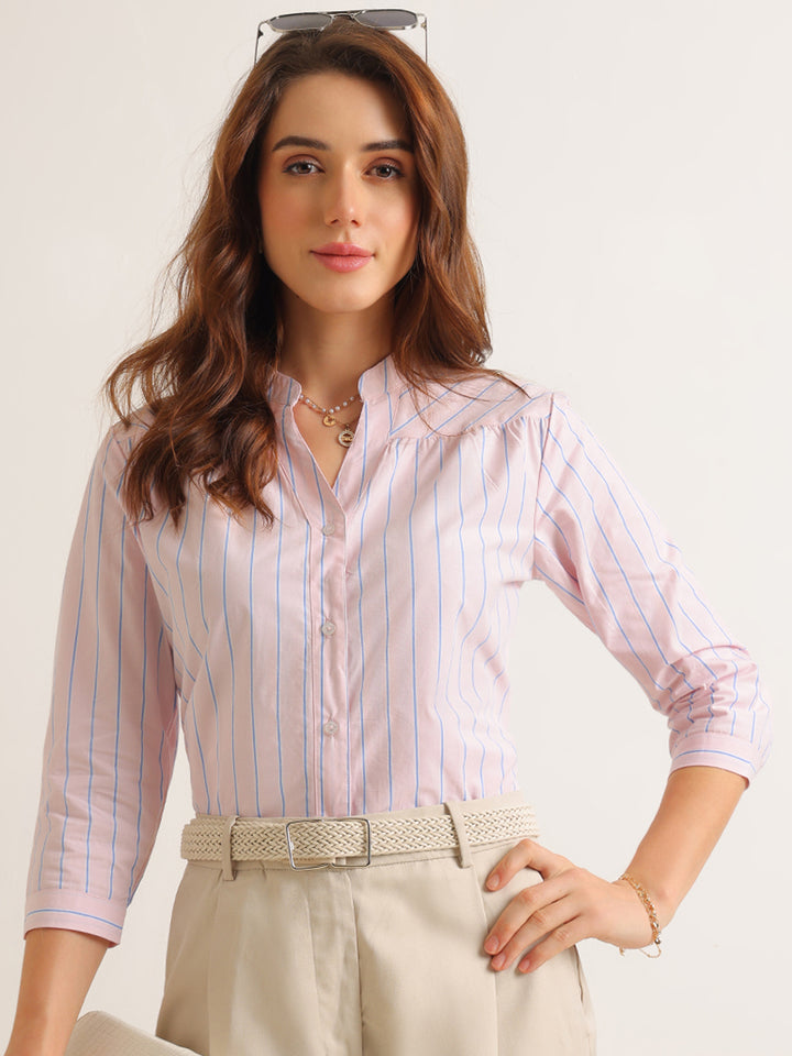 Hancock   Women   Pink   Stripes   Pure Cotton   Regular Fit   Formal   Shirt