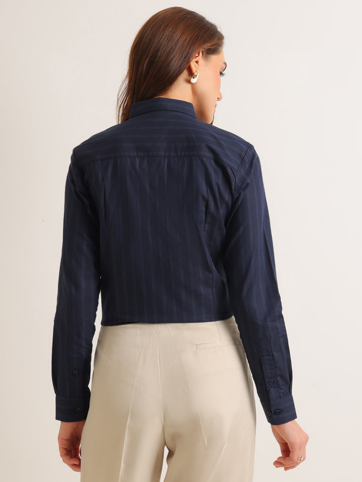 Hancock   Women   Navy Blue   Stripes   Pure Cotton   Regular Fit   Formal   Shirt