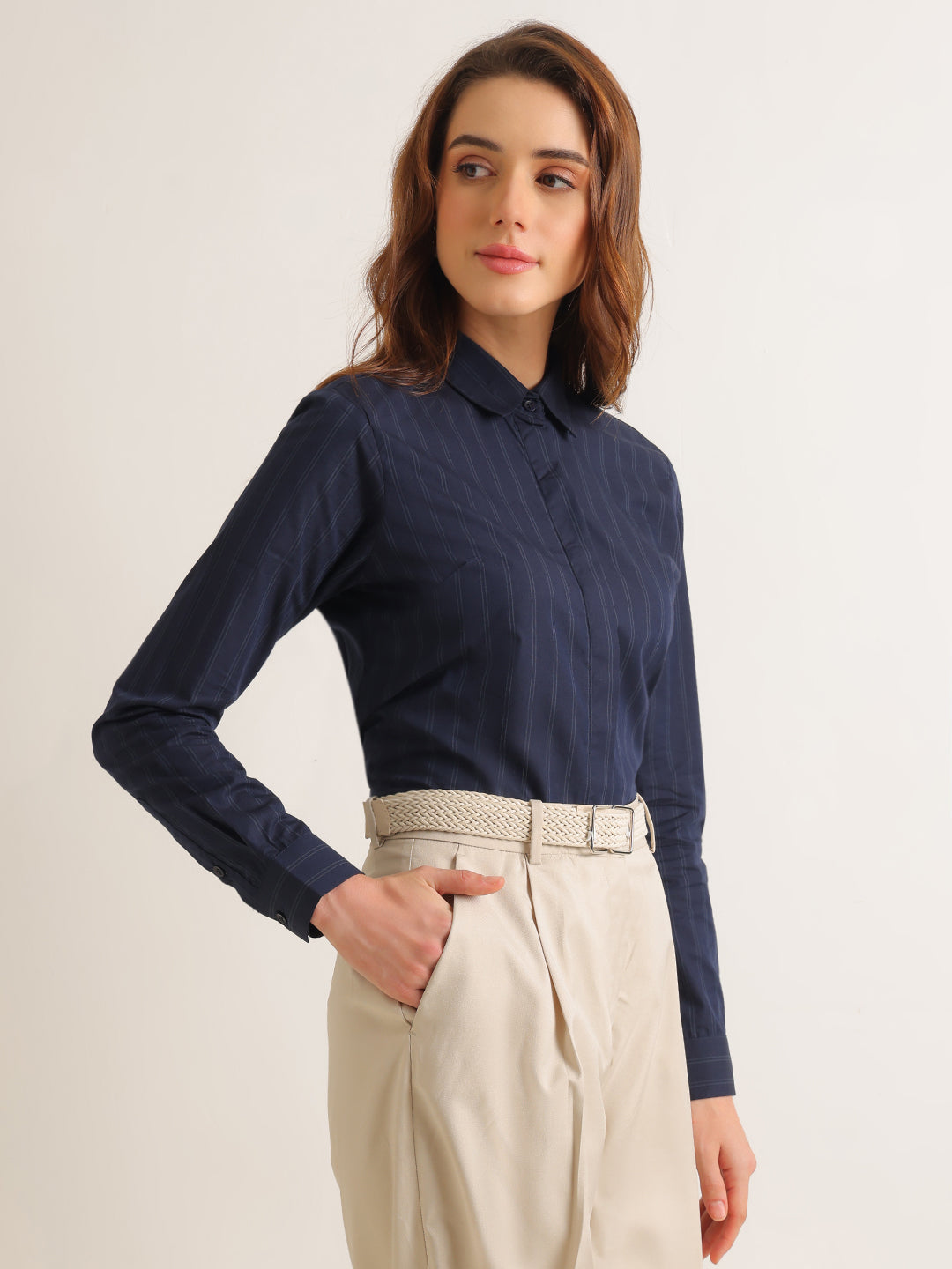 Hancock   Women   Navy Blue   Stripes   Pure Cotton   Regular Fit   Formal   Shirt