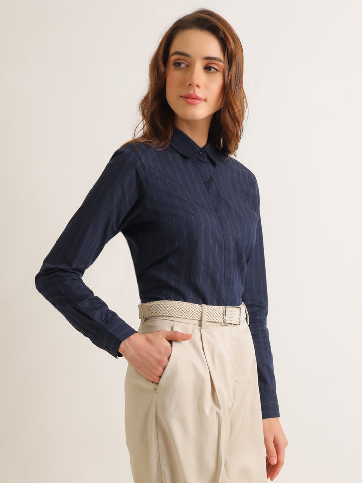 Hancock   Women   Navy Blue   Stripes   Pure Cotton   Regular Fit   Formal   Shirt