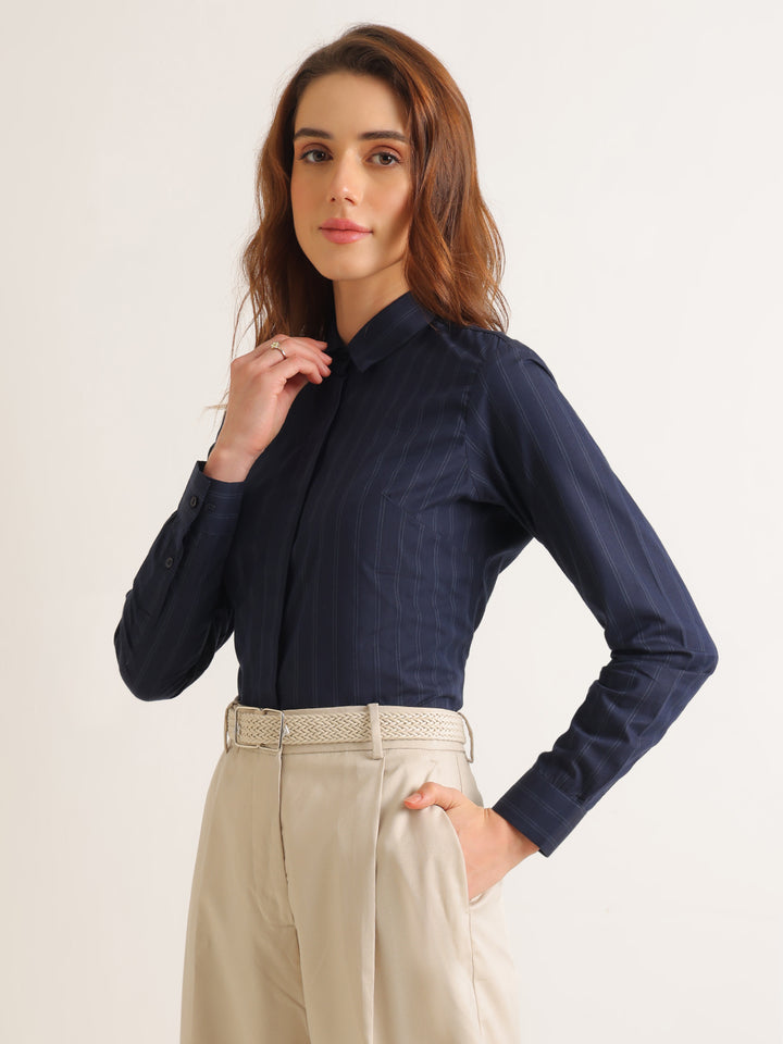 Hancock   Women   Navy Blue   Stripes   Pure Cotton   Regular Fit   Formal   Shirt