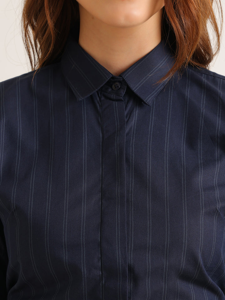Hancock   Women   Navy Blue   Stripes   Pure Cotton   Regular Fit   Formal   Shirt