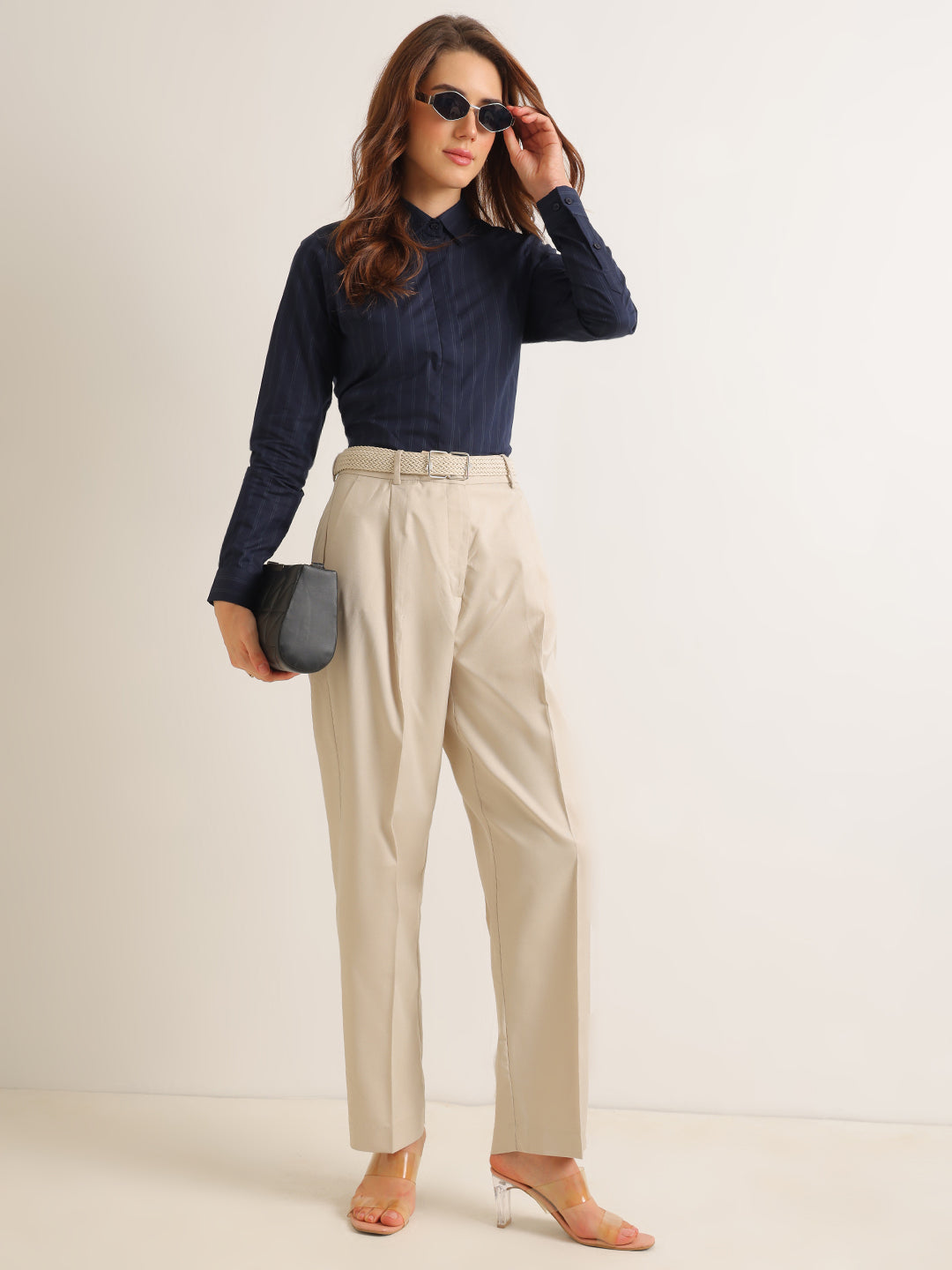 Hancock   Women   Navy Blue   Stripes   Pure Cotton   Regular Fit   Formal   Shirt