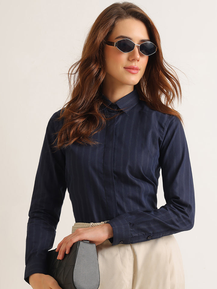 Hancock   Women   Navy Blue   Stripes   Pure Cotton   Regular Fit   Formal   Shirt