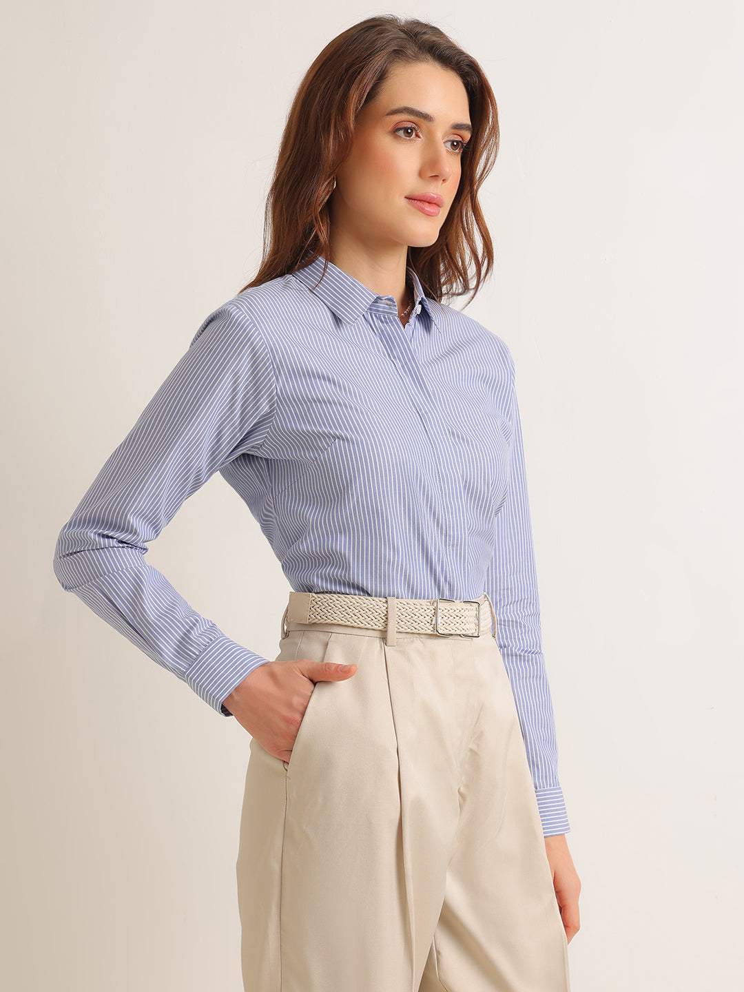 Hancock   Women   Blue & White   Stripes   Pure Cotton   Regular Fit   Formal   Shirt