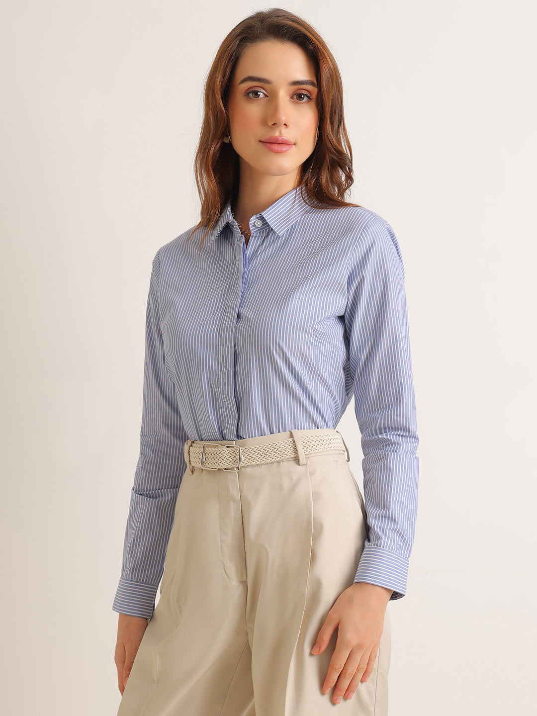 Hancock   Women   Blue & White   Stripes   Pure Cotton   Regular Fit   Formal   Shirt