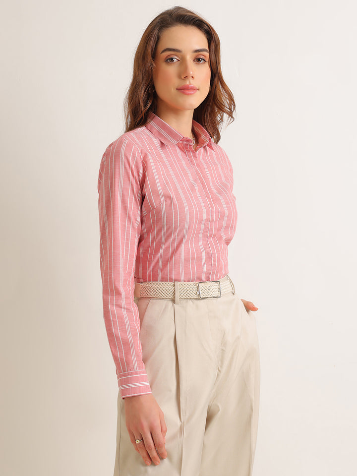 Hancock   Women   Red & White   Stripes   Pure Cotton   Regular Fit   Formal   Shirt