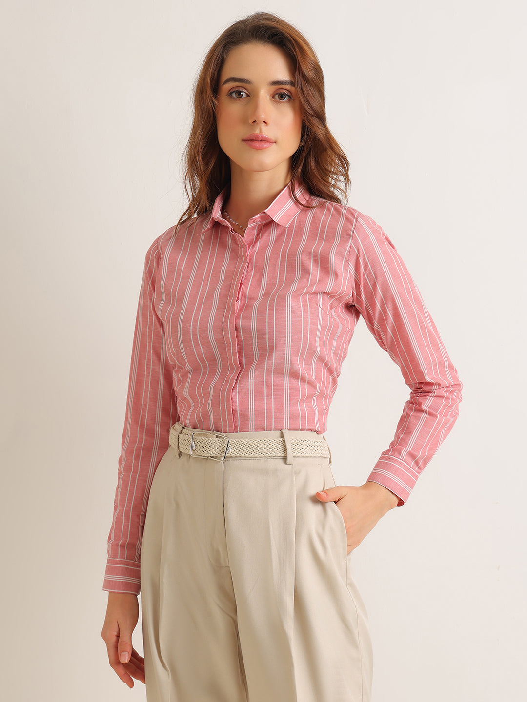 Hancock   Women   Red & White   Stripes   Pure Cotton   Regular Fit   Formal   Shirt