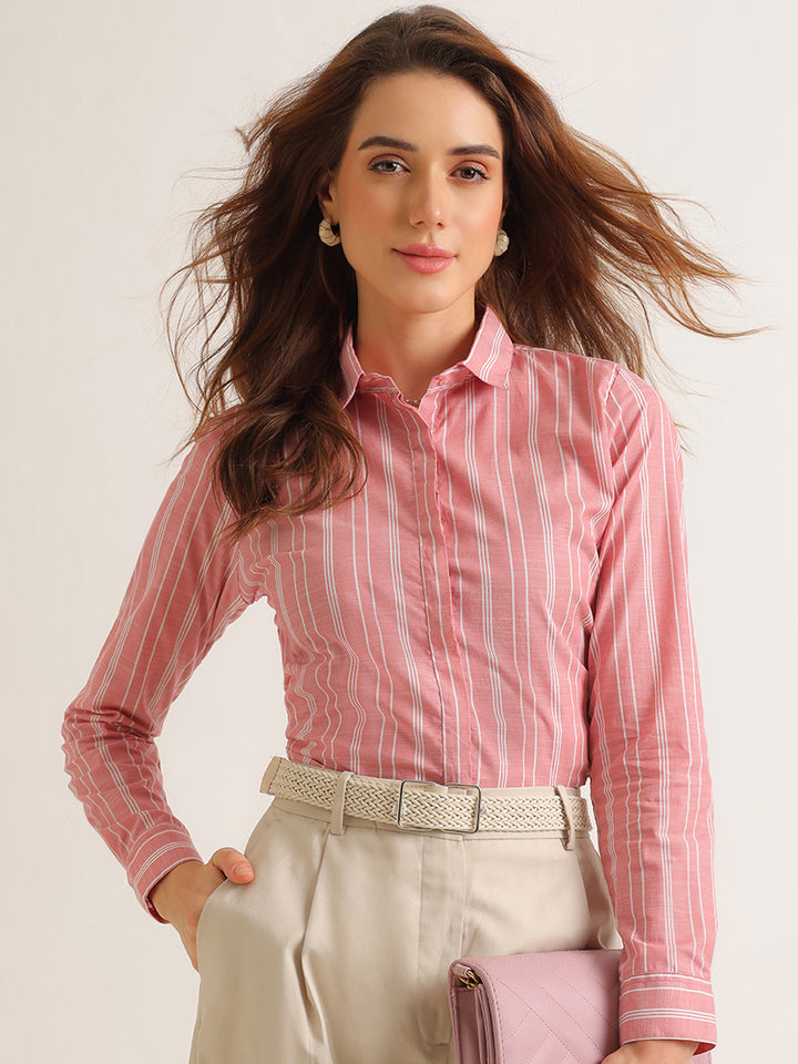 Hancock   Women   Red & White   Stripes   Pure Cotton   Regular Fit   Formal   Shirt