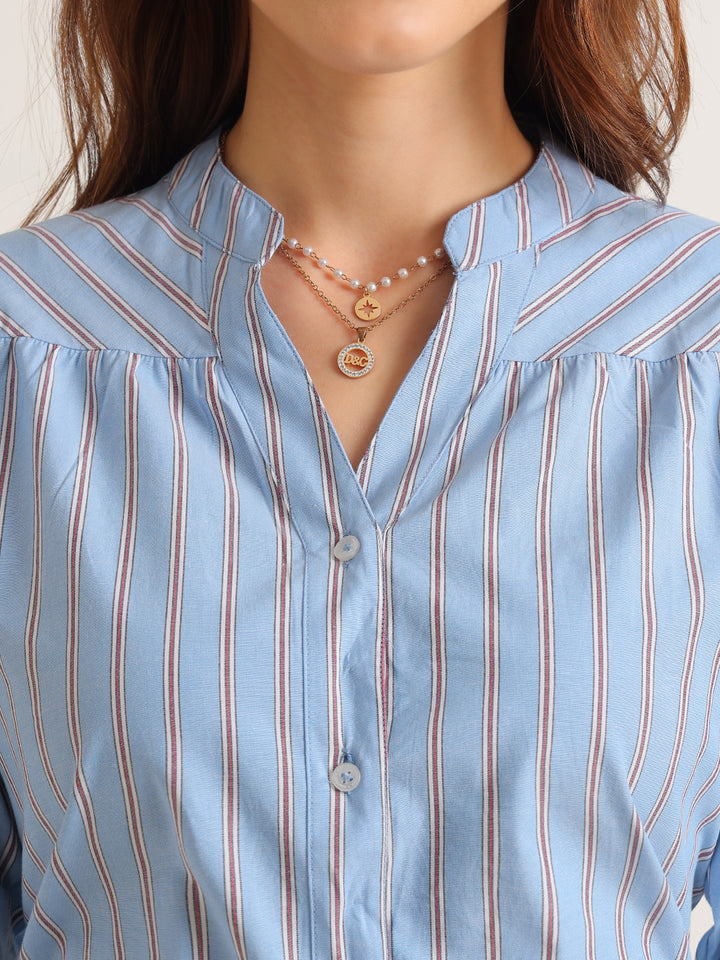 Hancock   Women   Blue   Stripes   Cotton Elastane   Regular Fit   Formal   Shirt