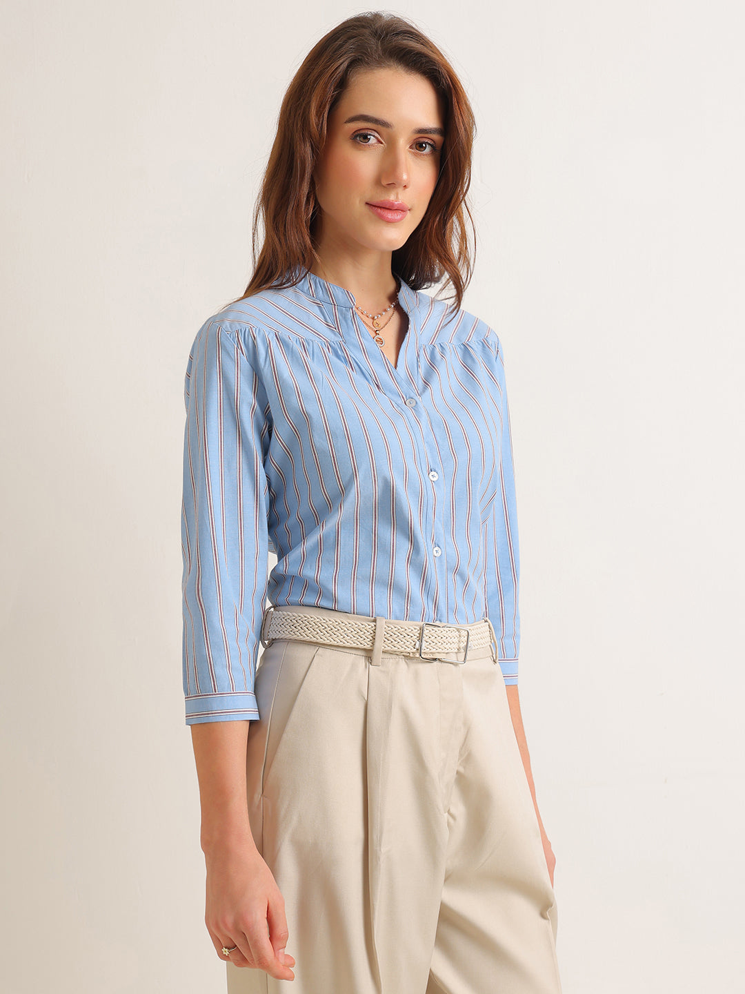 Hancock   Women   Blue   Stripes   Cotton Elastane   Regular Fit   Formal   Shirt