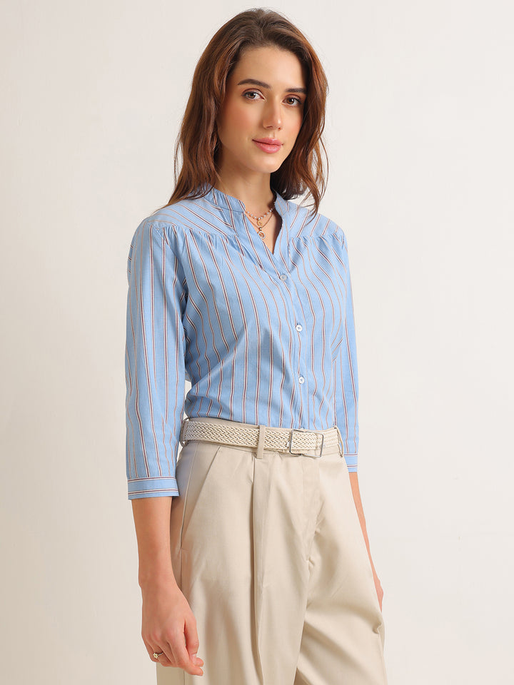 Hancock   Women   Blue   Stripes   Cotton Elastane   Regular Fit   Formal   Shirt