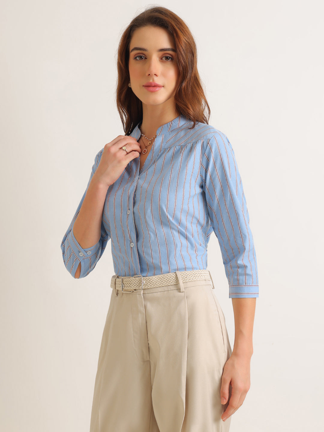 Hancock   Women   Blue   Stripes   Cotton Elastane   Regular Fit   Formal   Shirt