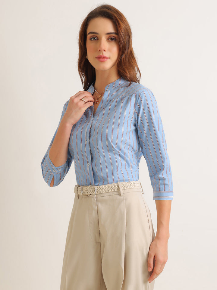 Hancock   Women   Blue   Stripes   Cotton Elastane   Regular Fit   Formal   Shirt