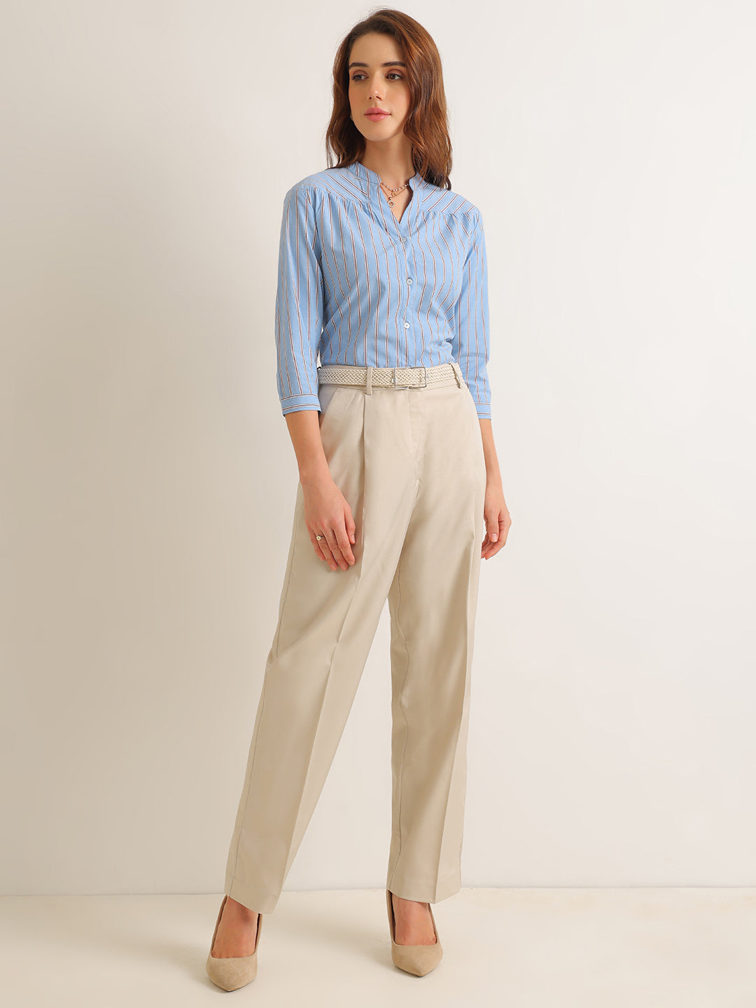 Hancock   Women   Blue   Stripes   Cotton Elastane   Regular Fit   Formal   Shirt