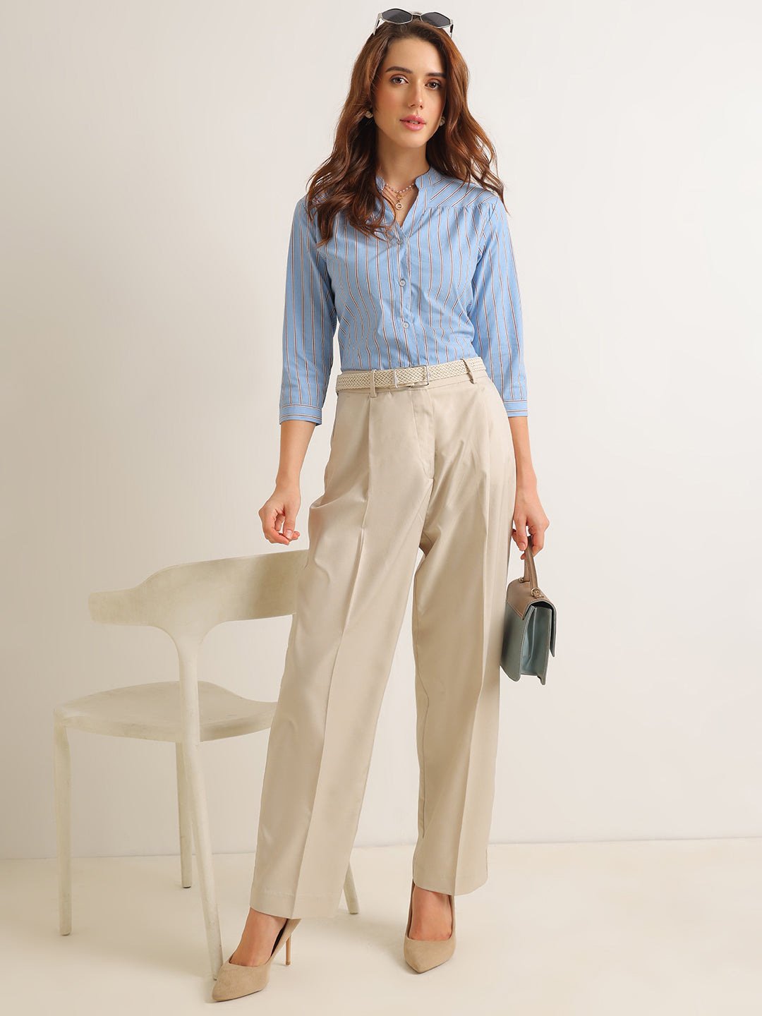 Hancock   Women   Blue   Stripes   Cotton Elastane   Regular Fit   Formal   Shirt