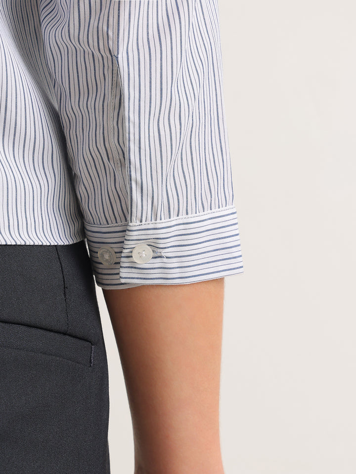 Hancock   Women   White & Navy Blue   Stripes   Pure Cotton   Regular Fit   Formal   Shirt