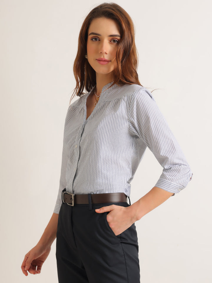 Hancock   Women   White & Navy Blue   Stripes   Pure Cotton   Regular Fit   Formal   Shirt