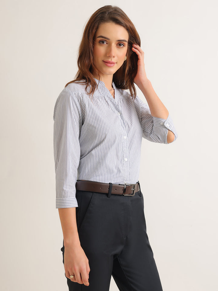 Hancock   Women   White & Navy Blue   Stripes   Pure Cotton   Regular Fit   Formal   Shirt