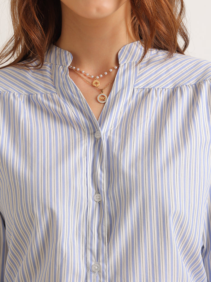 Hancock   Women   White & Blue   Stripes   Pure Cotton   Regular Fit   Formal   Shirt