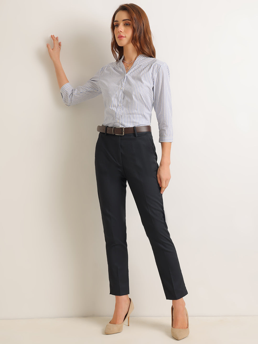 Hancock   Women   White & Blue   Stripes   Pure Cotton   Regular Fit   Formal   Shirt