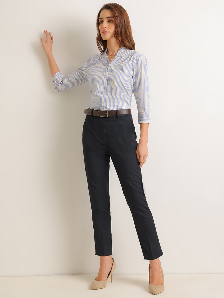 Hancock   Women   White & Blue   Stripes   Pure Cotton   Regular Fit   Formal   Shirt
