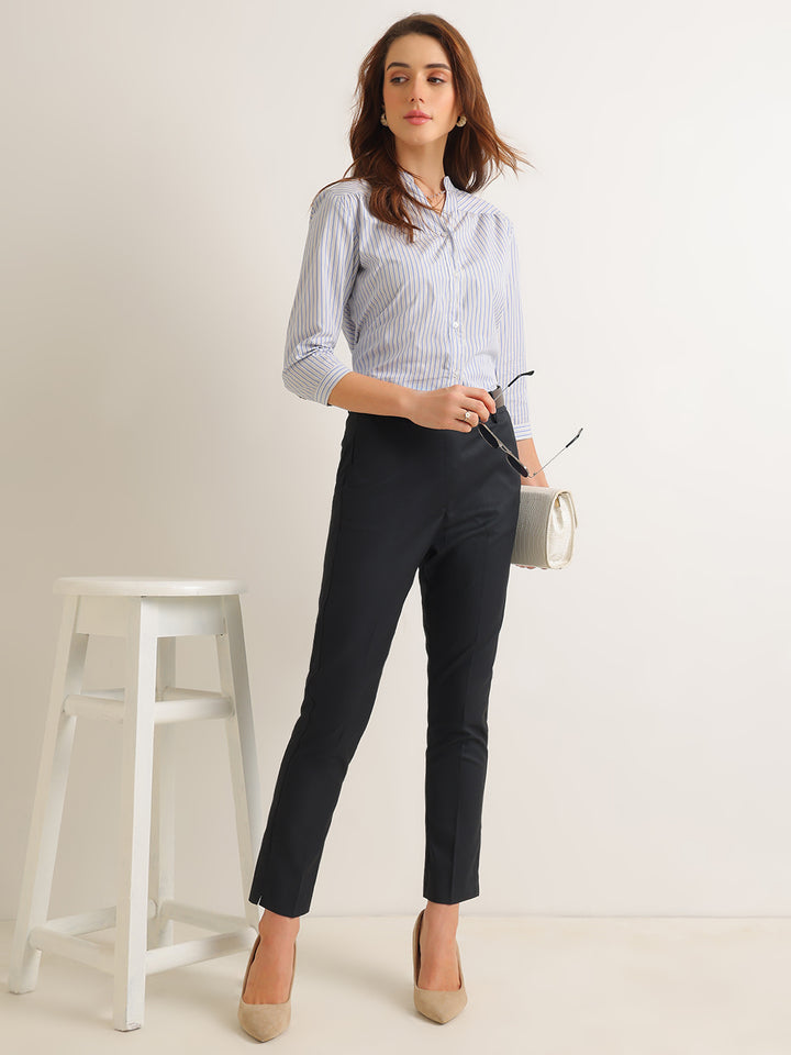 Hancock   Women   White & Blue   Stripes   Pure Cotton   Regular Fit   Formal   Shirt