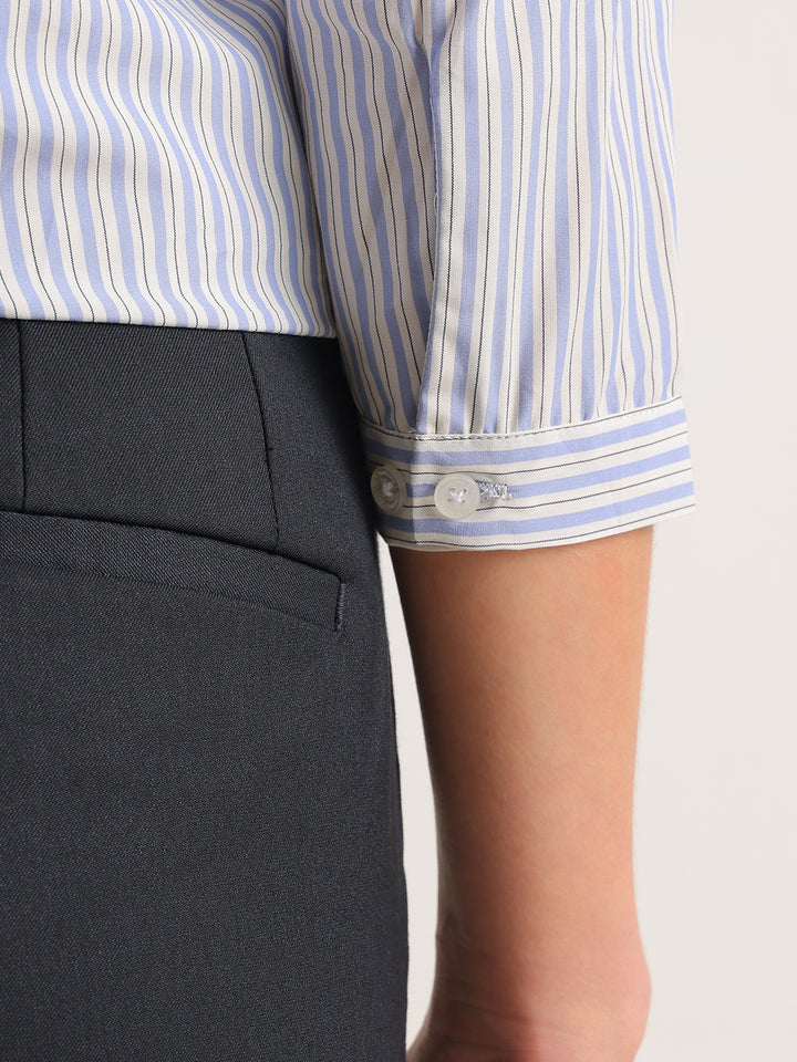 Hancock   Women   White & Blue   Stripes   Pure Cotton   Regular Fit   Formal   Shirt
