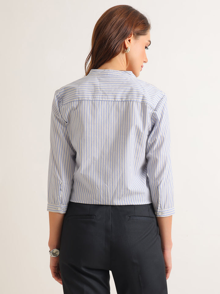 Hancock   Women   White & Blue   Stripes   Pure Cotton   Regular Fit   Formal   Shirt