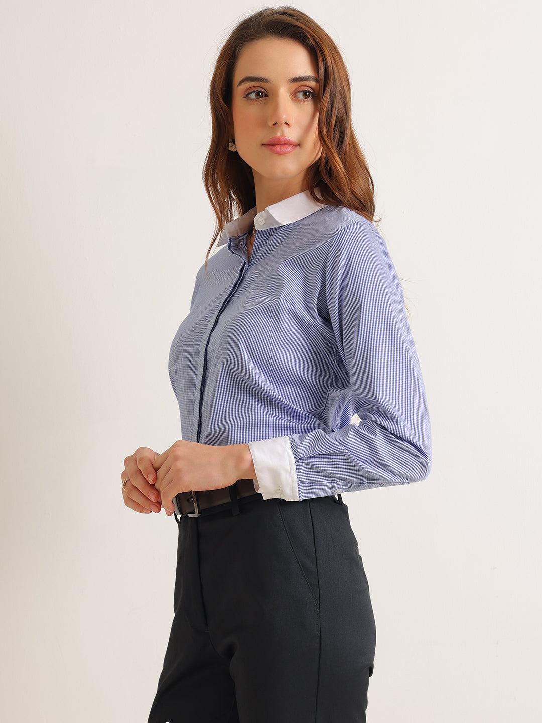 Hancock   Women   White & Blue   Checks   Pure Cotton   Regular Fit   Formal   Shirt