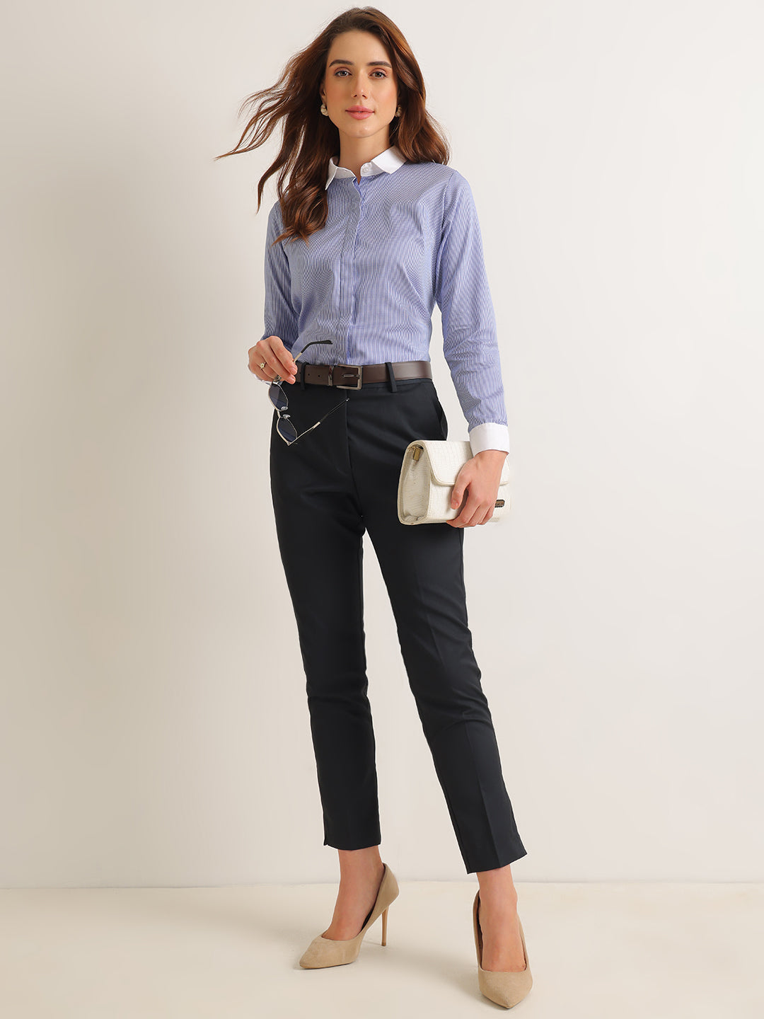 Hancock   Women   White & Blue   Checks   Pure Cotton   Regular Fit   Formal   Shirt