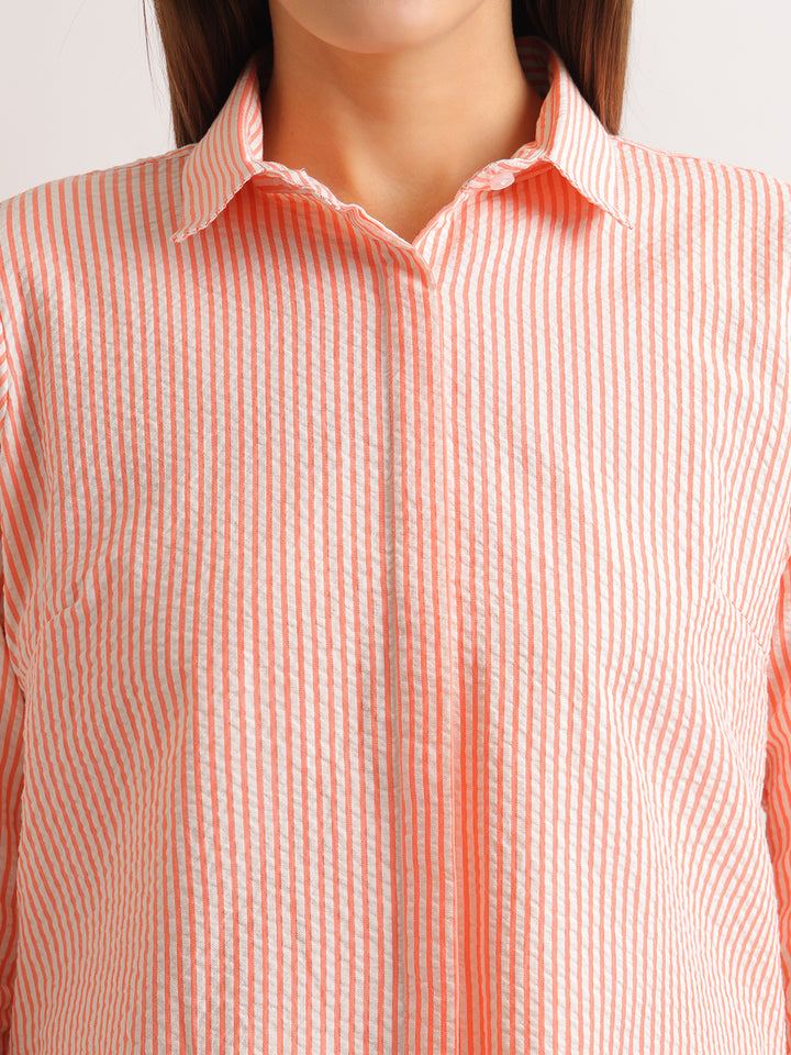 Hancock   Women   White & Coral   Stripes   Pure Cotton   Regular Fit   Formal   Shirt