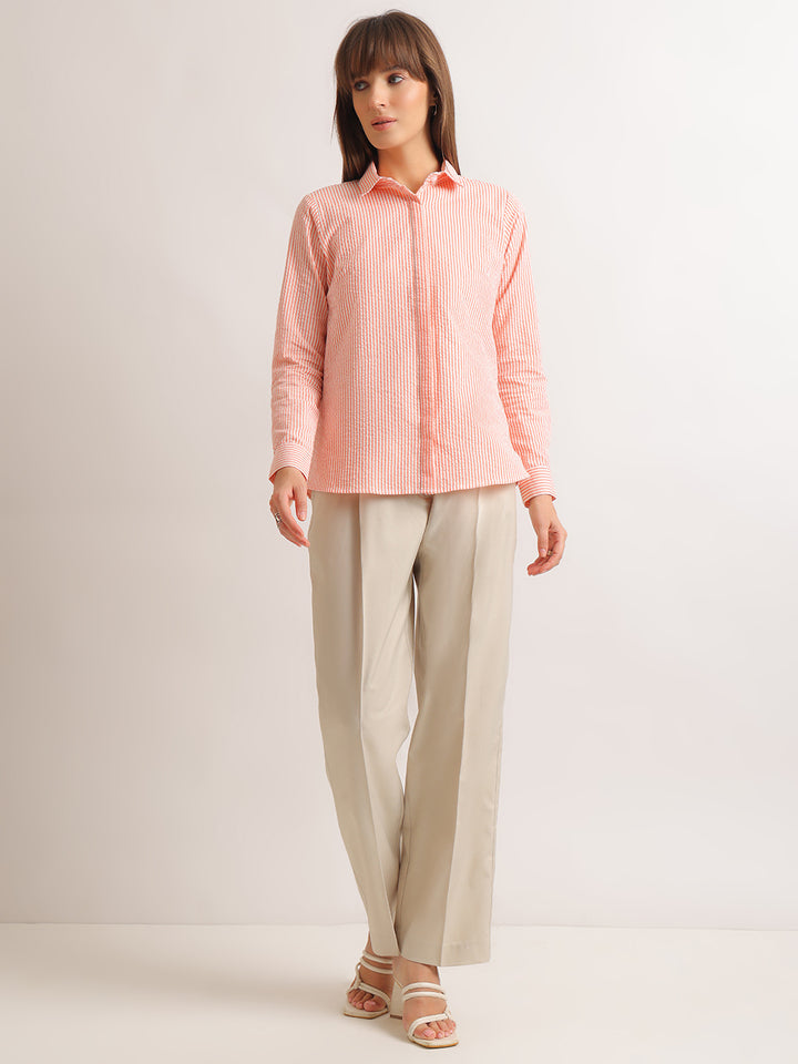Hancock   Women   White & Coral   Stripes   Pure Cotton   Regular Fit   Formal   Shirt