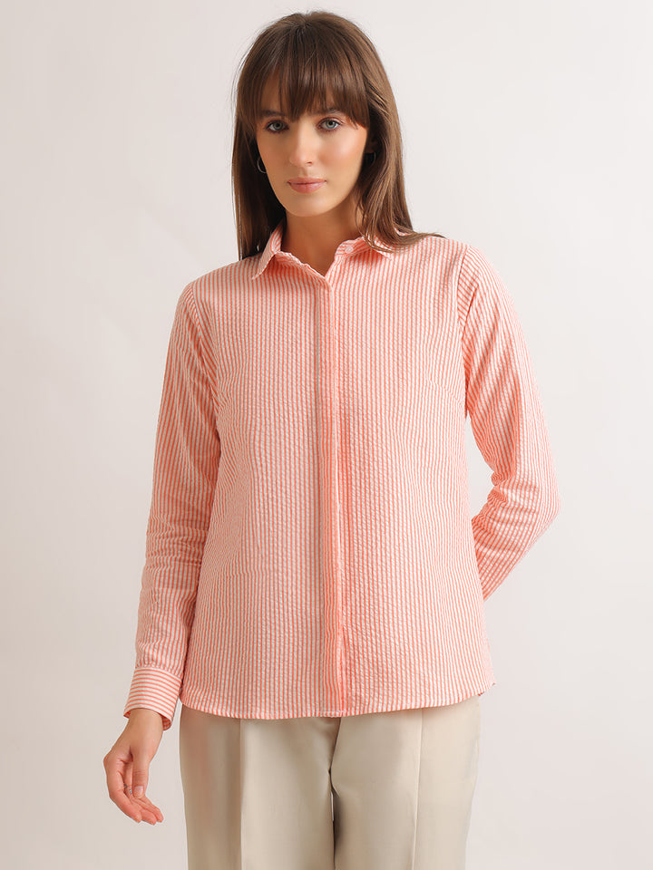 Hancock   Women   White & Coral   Stripes   Pure Cotton   Regular Fit   Formal   Shirt