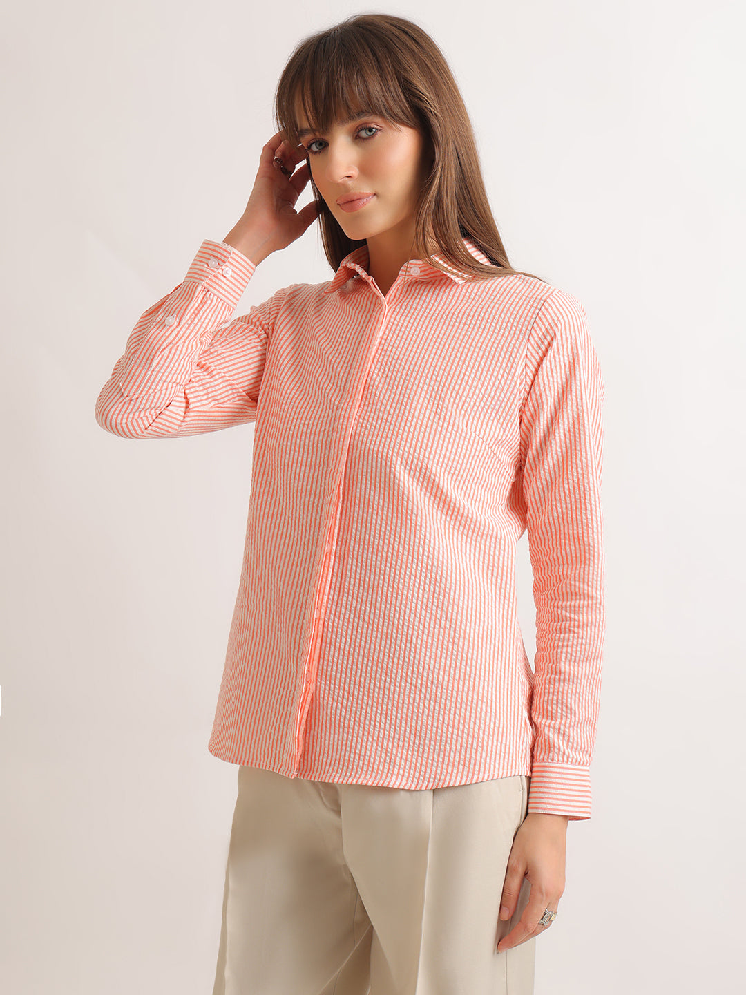Hancock   Women   White & Coral   Stripes   Pure Cotton   Regular Fit   Formal   Shirt