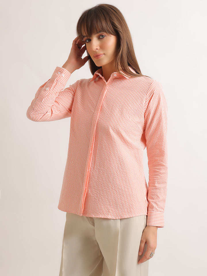 Hancock   Women   White & Coral   Stripes   Pure Cotton   Regular Fit   Formal   Shirt