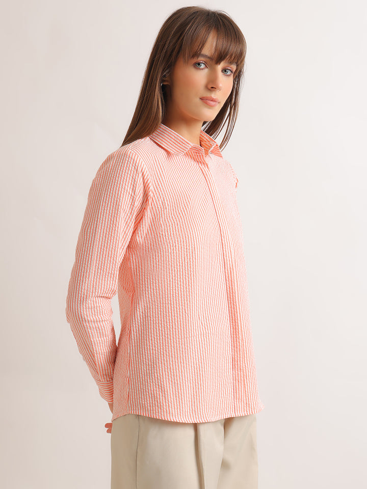 Hancock   Women   White & Coral   Stripes   Pure Cotton   Regular Fit   Formal   Shirt