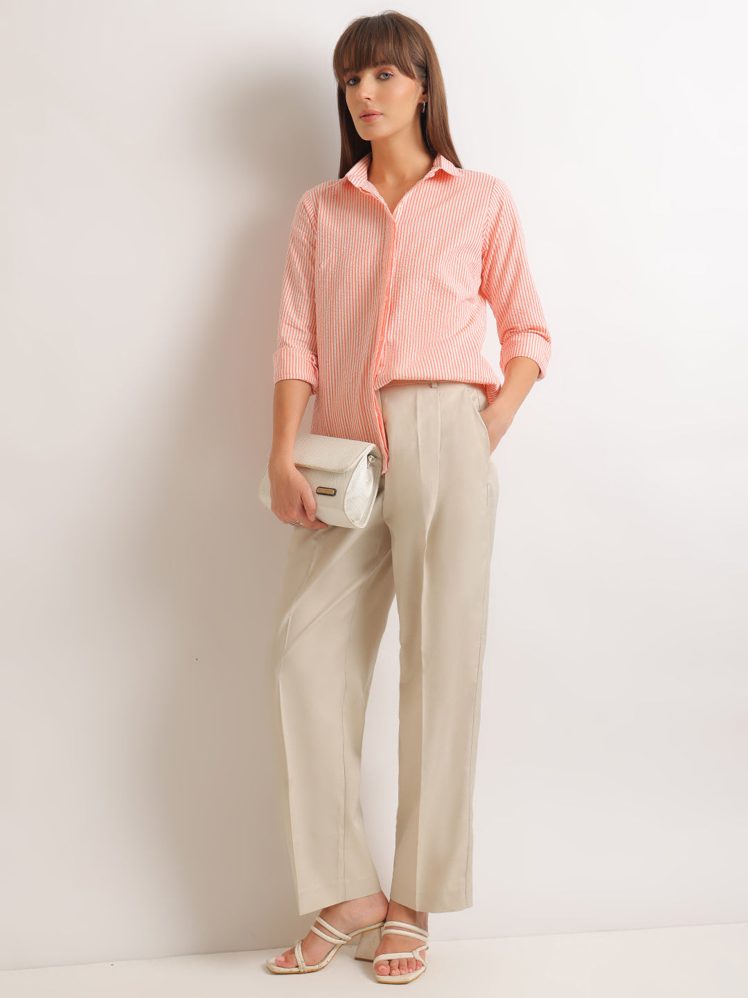 Hancock   Women   White & Coral   Stripes   Pure Cotton   Regular Fit   Formal   Shirt