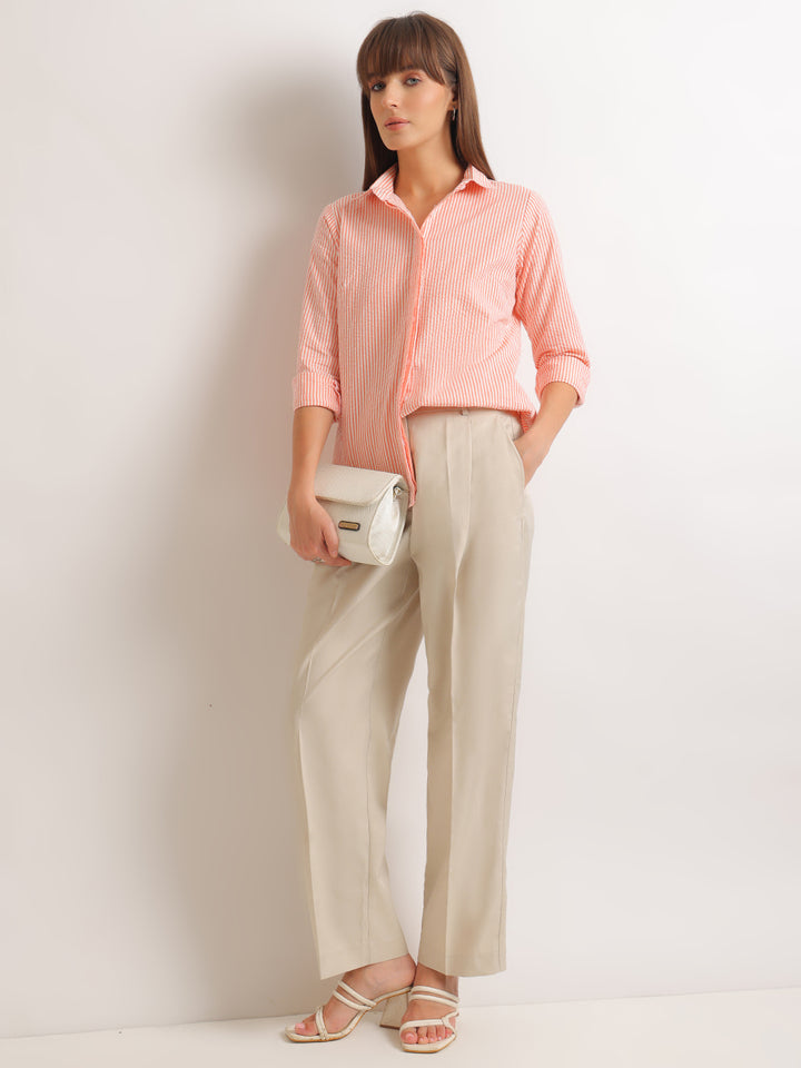 Hancock   Women   White & Coral   Stripes   Pure Cotton   Regular Fit   Formal   Shirt