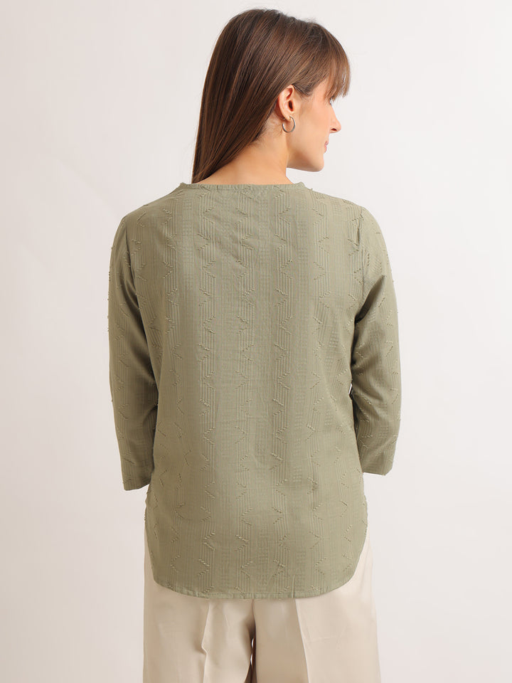 Hancock   Women   Olive   Solid Self Design   Pure Cotton   Regular Fit   Formal   Top