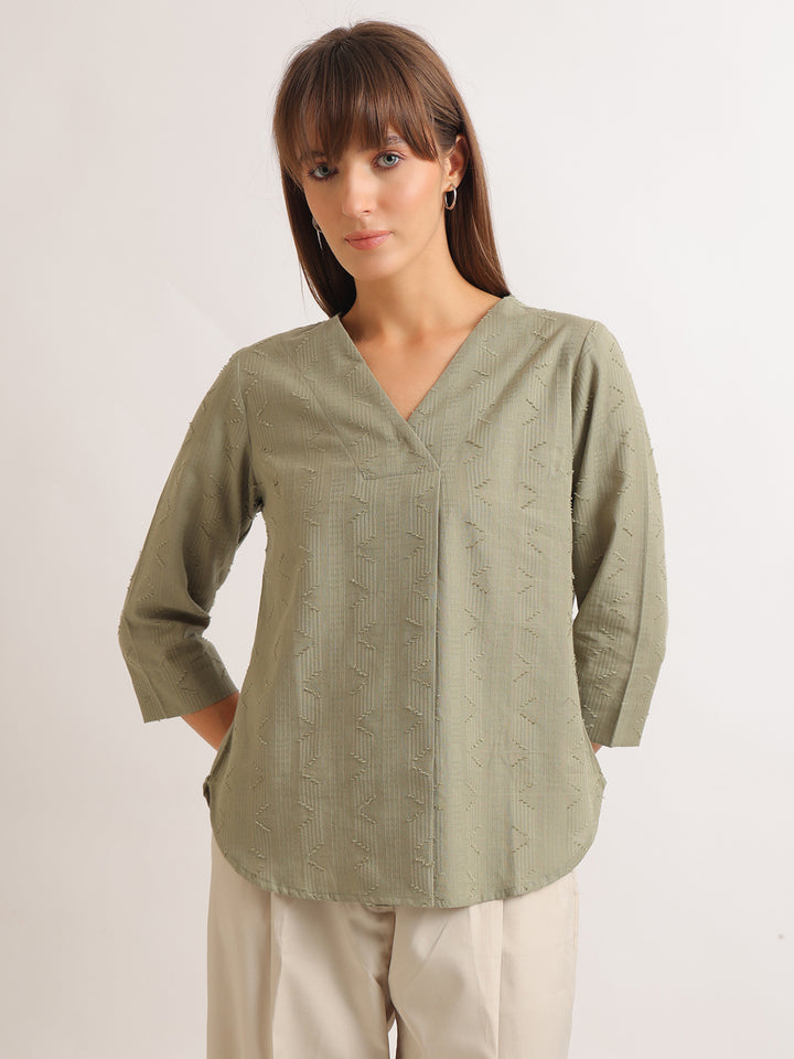 Hancock   Women   Olive   Solid Self Design   Pure Cotton   Regular Fit   Formal   Top
