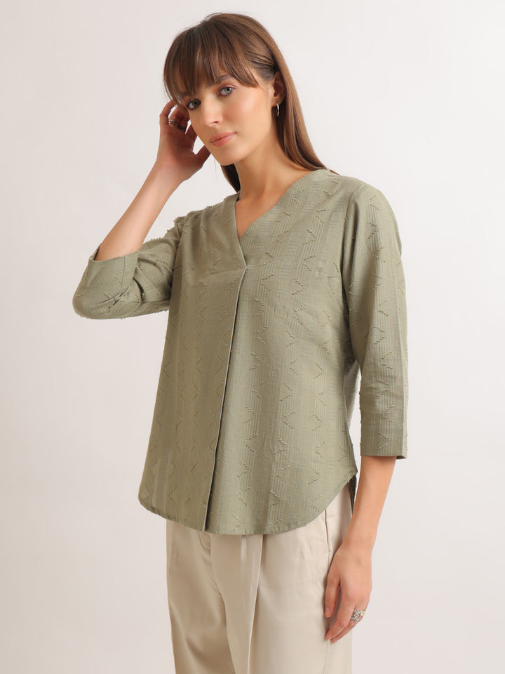 Hancock   Women   Olive   Solid Self Design   Pure Cotton   Regular Fit   Formal   Top