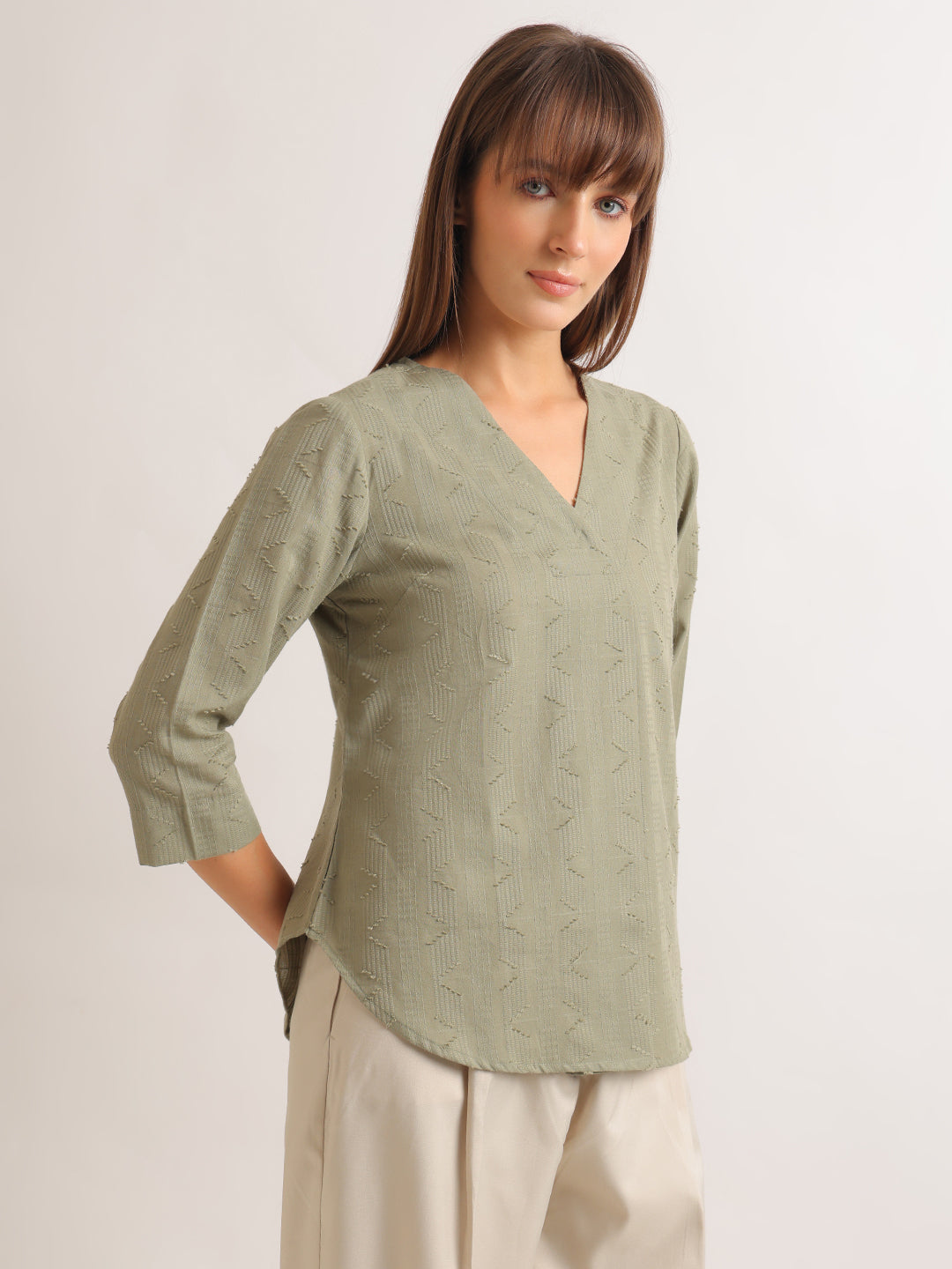 Hancock   Women   Olive   Solid Self Design   Pure Cotton   Regular Fit   Formal   Top