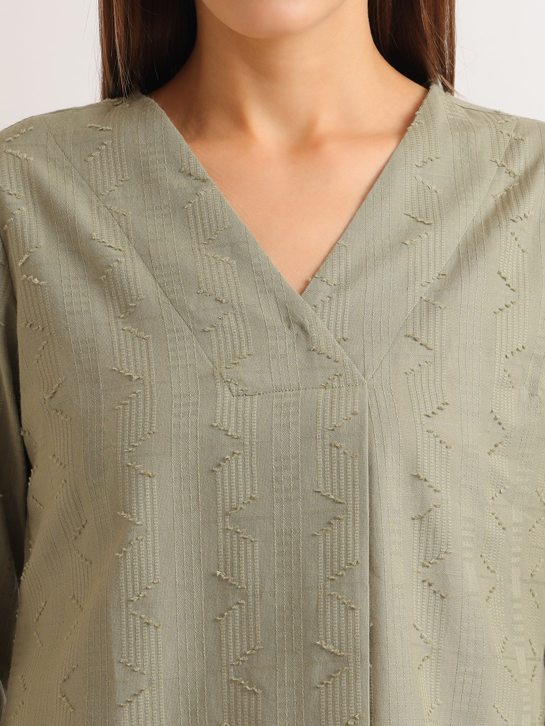 Hancock   Women   Olive   Solid Self Design   Pure Cotton   Regular Fit   Formal   Top