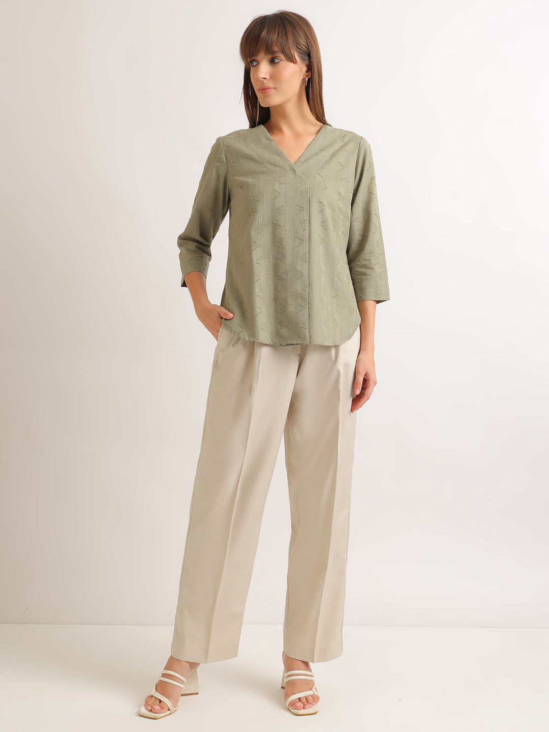 Hancock   Women   Olive   Solid Self Design   Pure Cotton   Regular Fit   Formal   Top