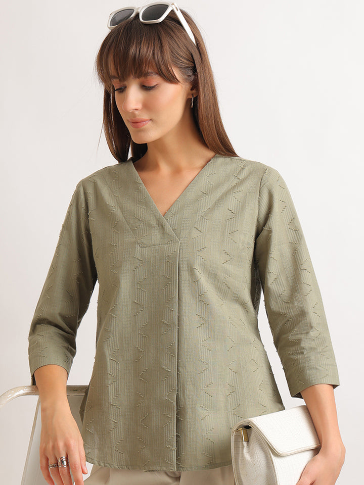 Hancock   Women   Olive   Solid Self Design   Pure Cotton   Regular Fit   Formal   Top