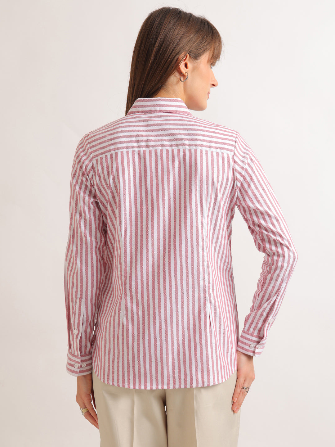 Hancock   Women   White & Red   Stripes   Viscose Rayon   Regular Fit   Formal   Shirt