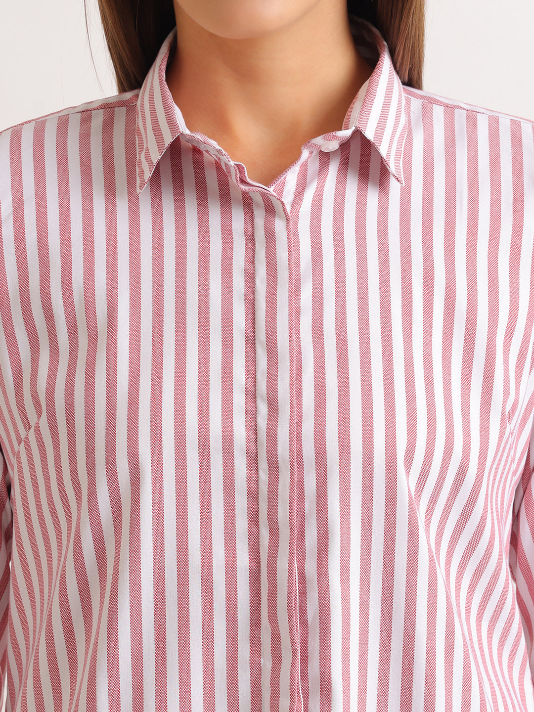 Hancock   Women   White & Red   Stripes   Viscose Rayon   Regular Fit   Formal   Shirt