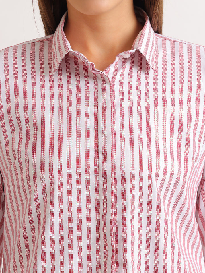 Hancock   Women   White & Red   Stripes   Viscose Rayon   Regular Fit   Formal   Shirt